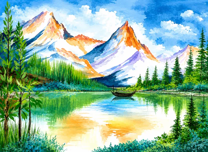 Vibrant watercolor painting of sunlit snow-capped mountains reflected in a clear emerald lake with pine trees and a boat. | PrintPosters.in